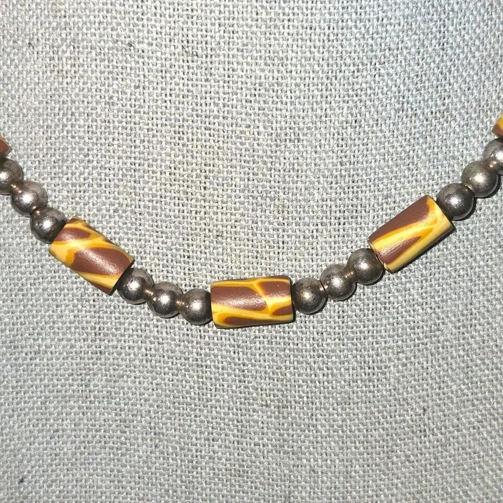 Giraffe Print Cylindrical Bead & 925 Sterling‎ Silver Bead Station Necklace 16